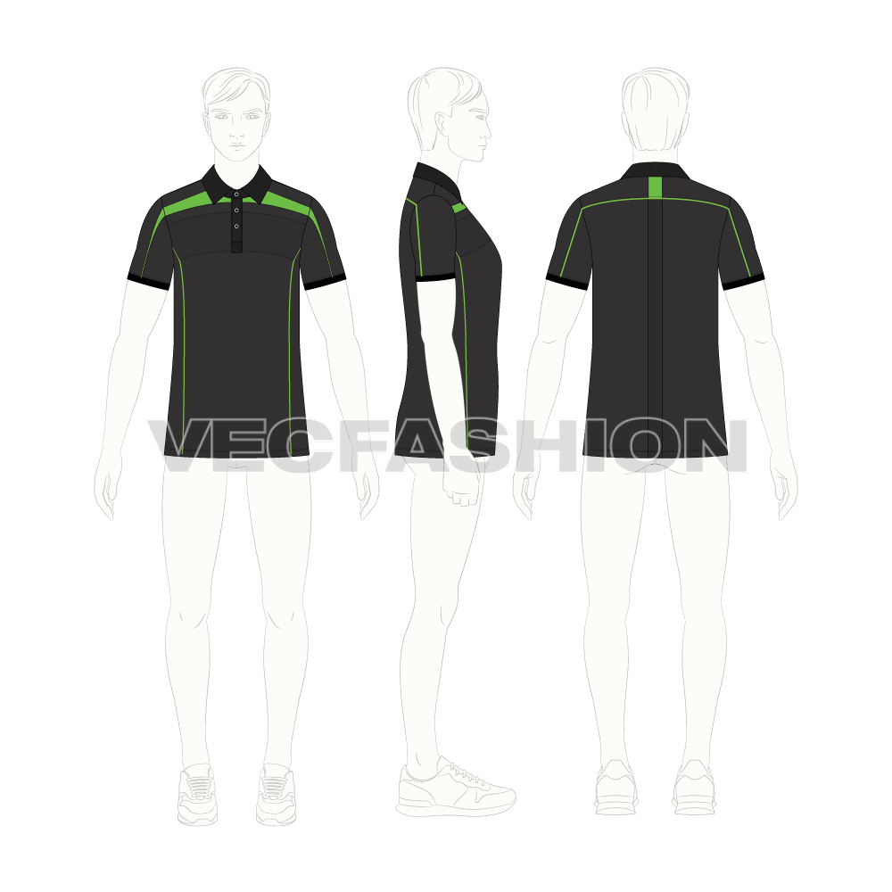 Mens sublimation sport polo shirt flat sketch, croqui sketch