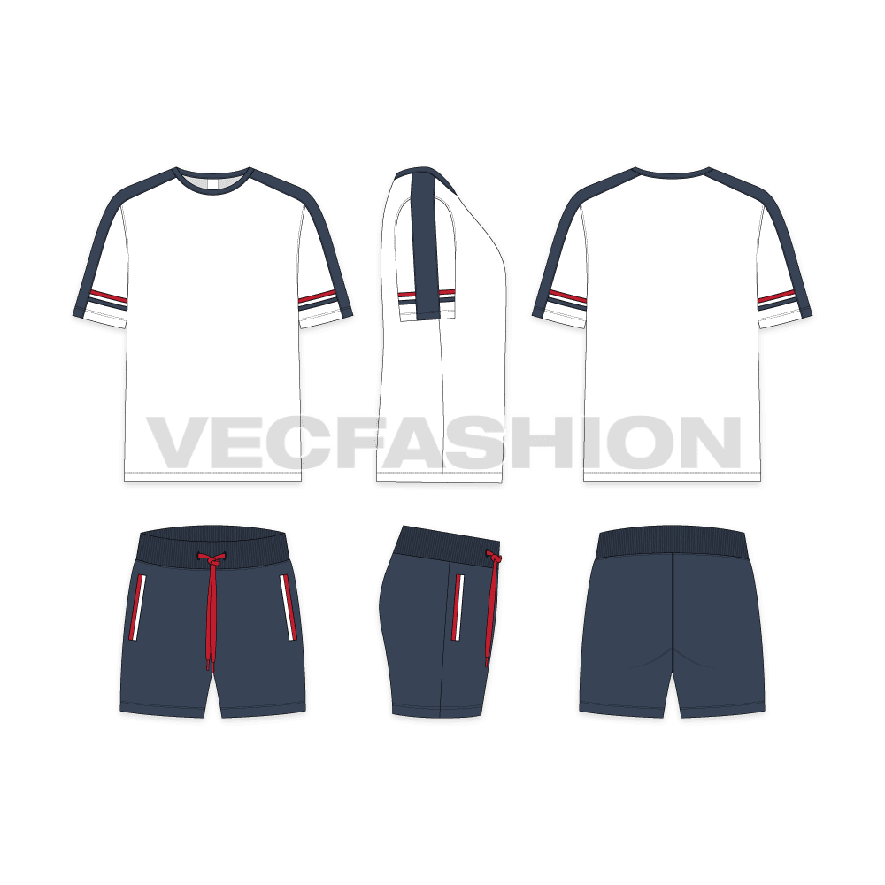 Mens summer tracksuit flat sketch, showing all views, front, side and back
