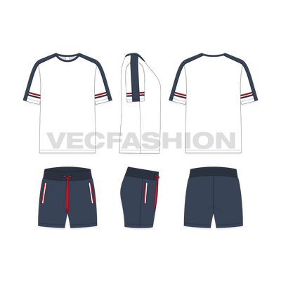 Mens summer tracksuit flat sketch, showing all views, front, side and back