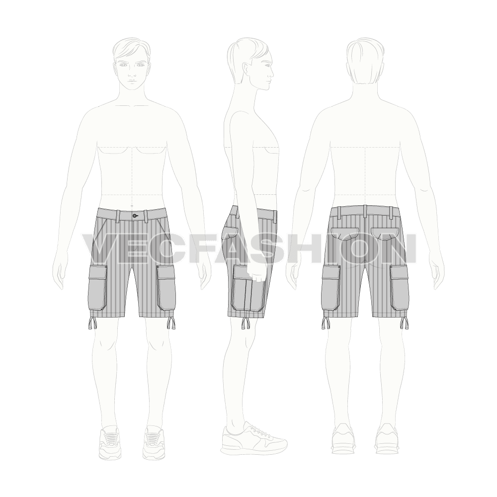 Mens summers cotton shorts flat sketch, croqui sketch
