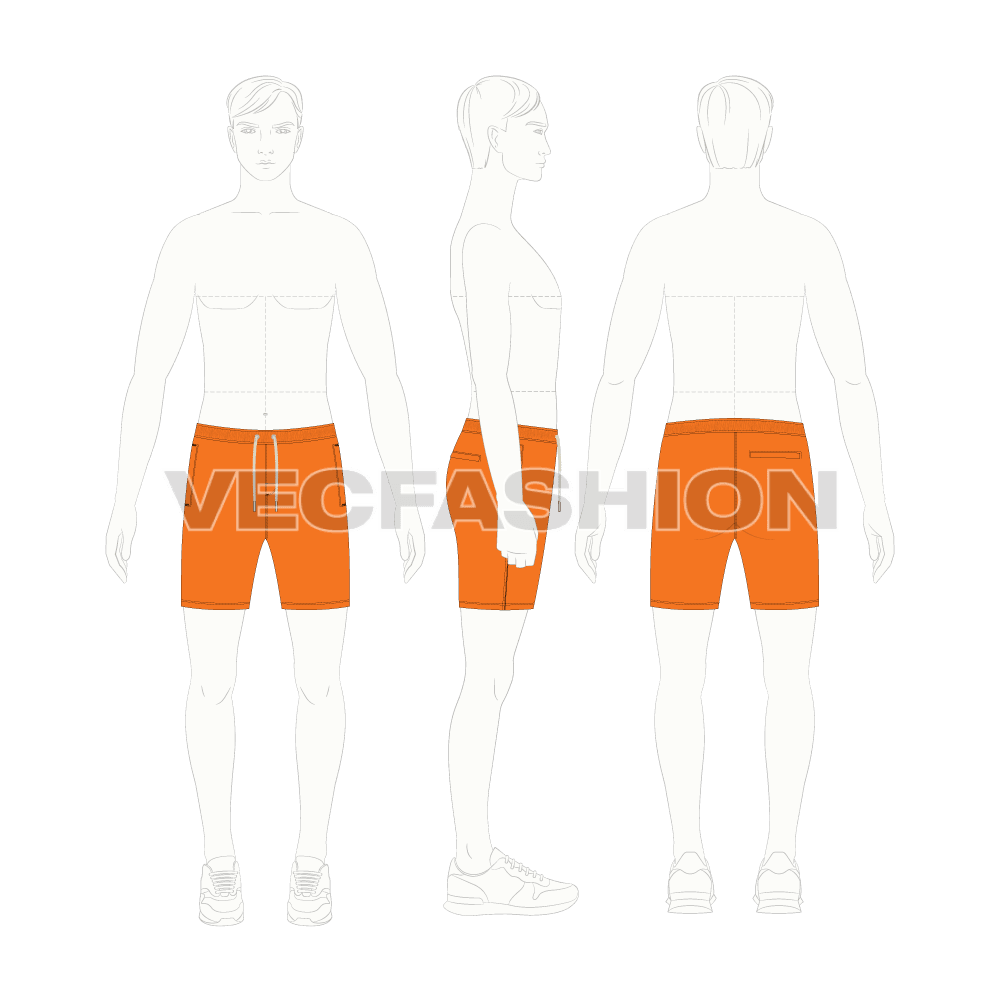 Mens swim shorts flat sketch, croqui sketch