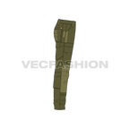 Mens tactical cargo pants, contrast panel flat sketch, side view