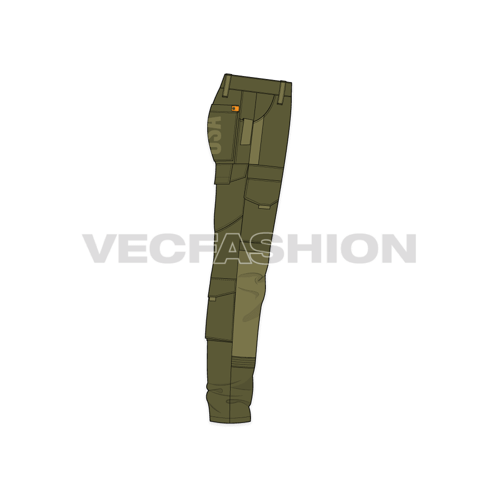 Mens tactical cargo pants, contrast panel flat sketch, side view