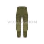 Mens tactical cargo pants, contrast panel flat sketch, front view