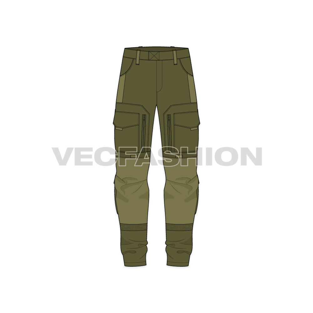 Mens tactical cargo pants, contrast panel flat sketch, front view