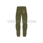 Mens tactical cargo pants, contrast panel flat sketch, back view