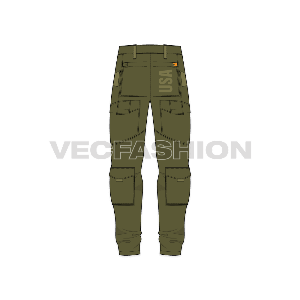 Mens tactical cargo pants, contrast panel flat sketch, back view