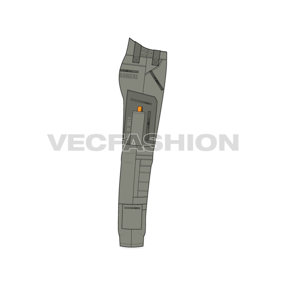 Mens tactical cargo pants, gear pockets flat sketch, side view