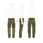 Mens tactical cargo pants, contrast panel flat sketch, croqui sketch