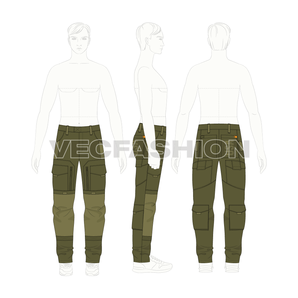 Mens tactical cargo pants, contrast panel flat sketch, croqui sketch