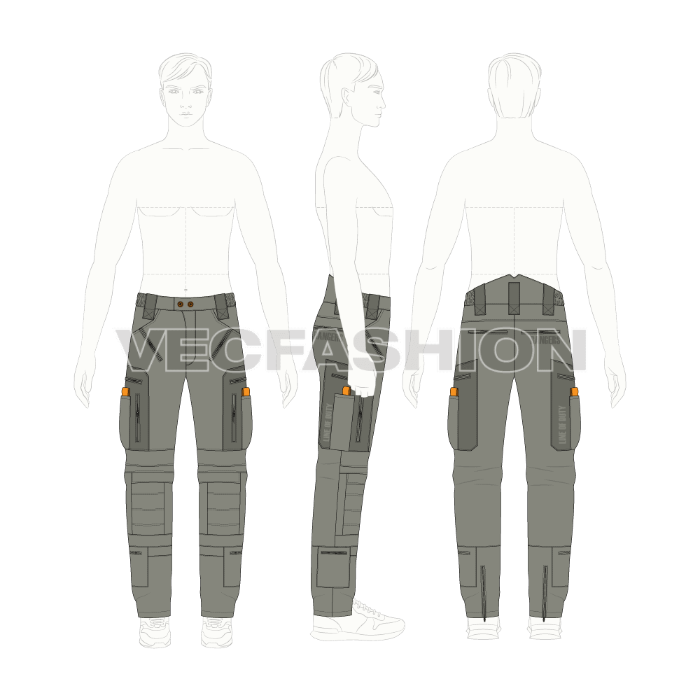 Mens tactical cargo pants, gear pockets flat sketch, croqui sketch