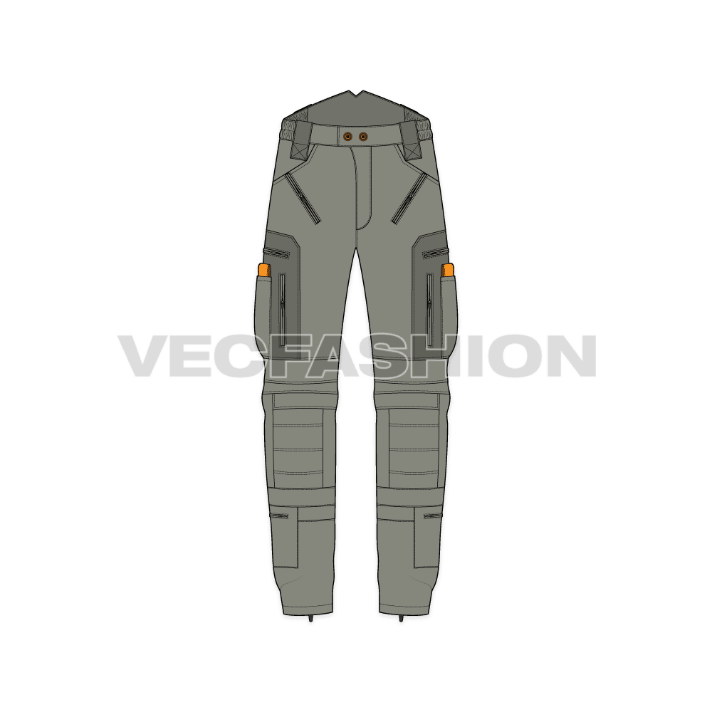 Mens tactical cargo pants, gear pockets flat sketch, front view