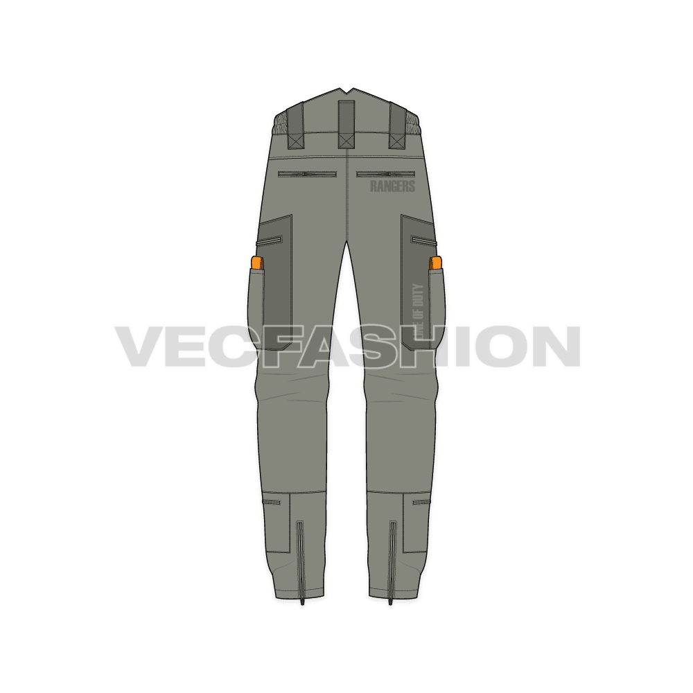Mens tactical cargo pants, gear pockets flat sketch, back view