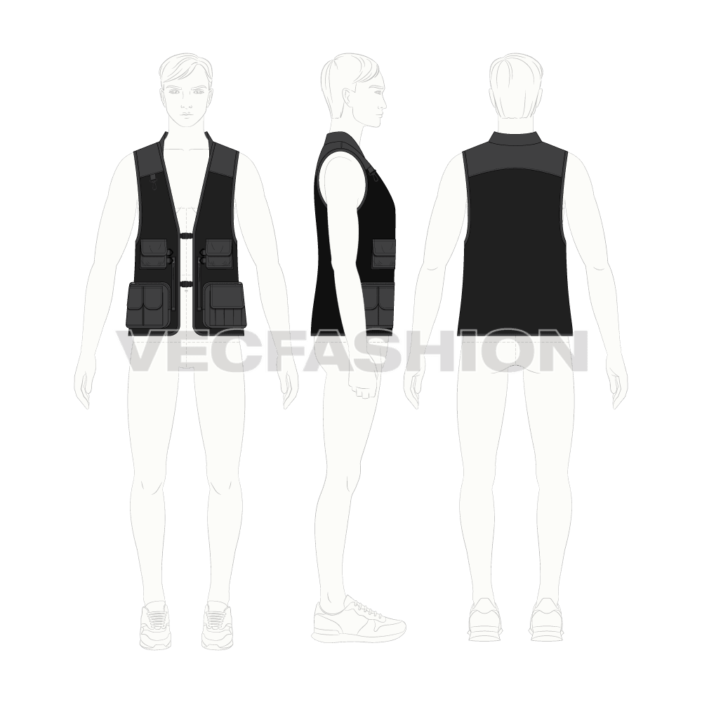 Mens tactical vest flat sketch, croqui sketch
