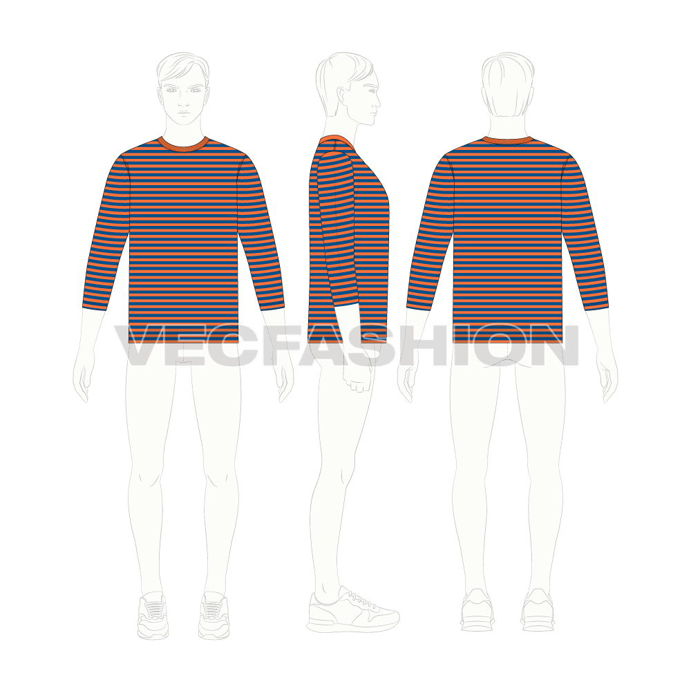 Mens tee with 3/4 sleeves flat sketch, croqui sketch
