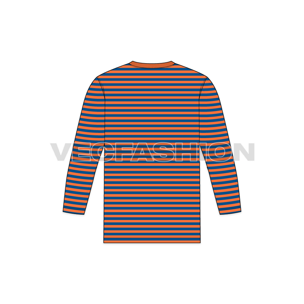 Mens tee with 3/4 sleeves flat sketch, back view