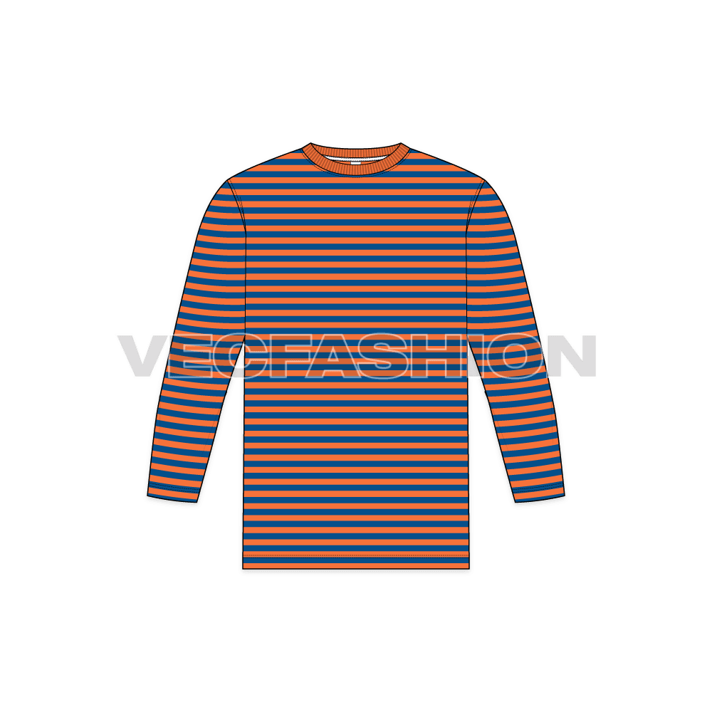Mens tee with 3/4 sleeves flat sketch, front view