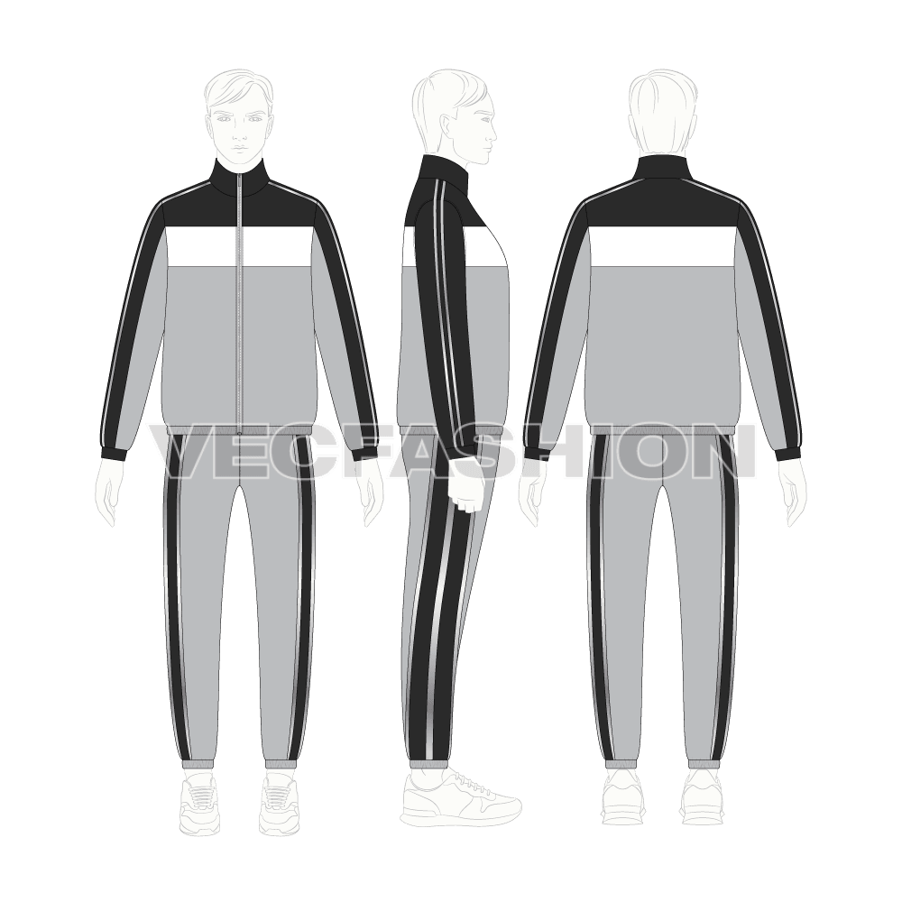 Mens tracksuit with reflective flat sketch, on croqui