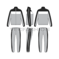 Mens tracksuit with reflective flat sketch, showing all views, front, side and back