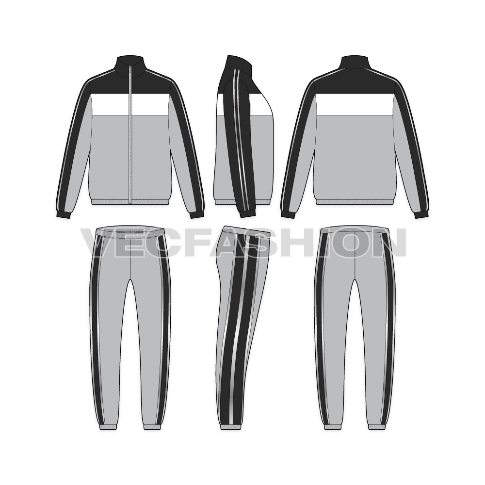 Mens tracksuit with reflective flat sketch, showing all views, front, side and back