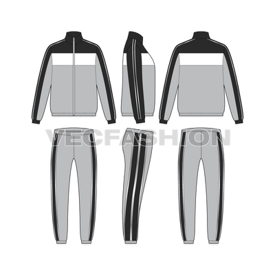 Mens tracksuit with reflective flat sketch, showing all views, front, side and back