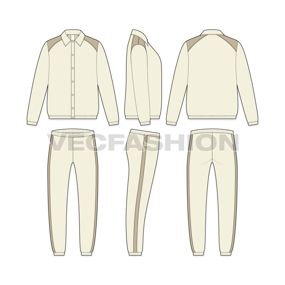 Mens training coach set flat sketch, showing all views, front, side and back