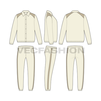 Mens training coach set flat sketch, showing all views, front, side and back