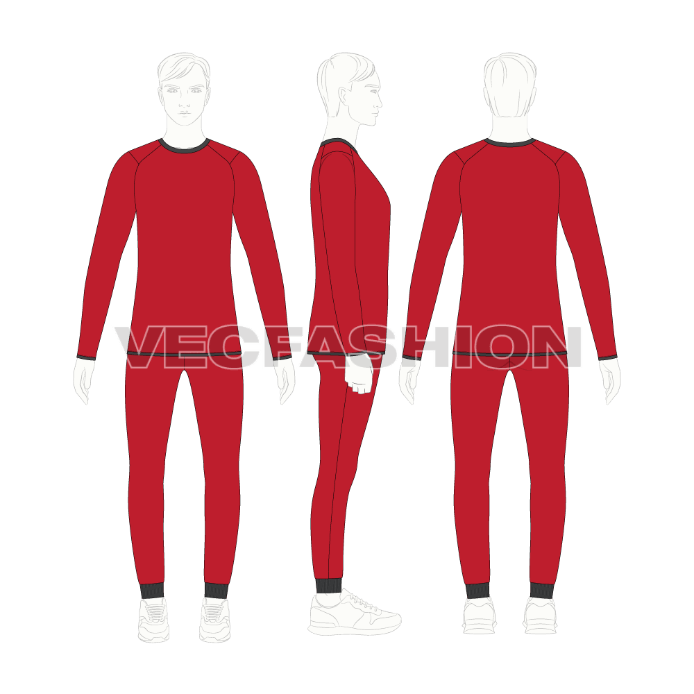 Mens training compression set flat sketch, showing all views, front, side and back