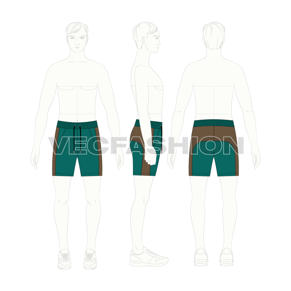 Mens training shorts flat sketch, croqui sketch