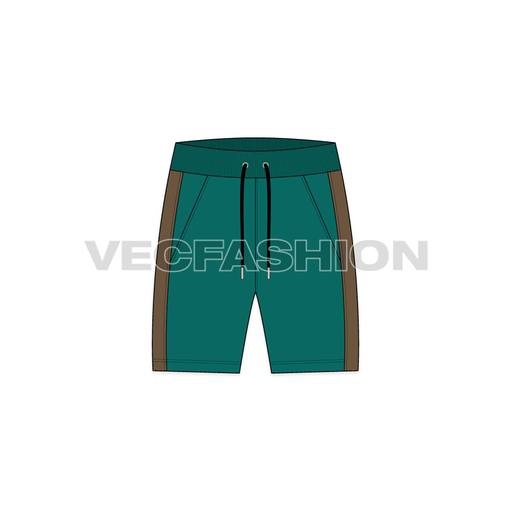 Mens training shorts flat sketch, front view