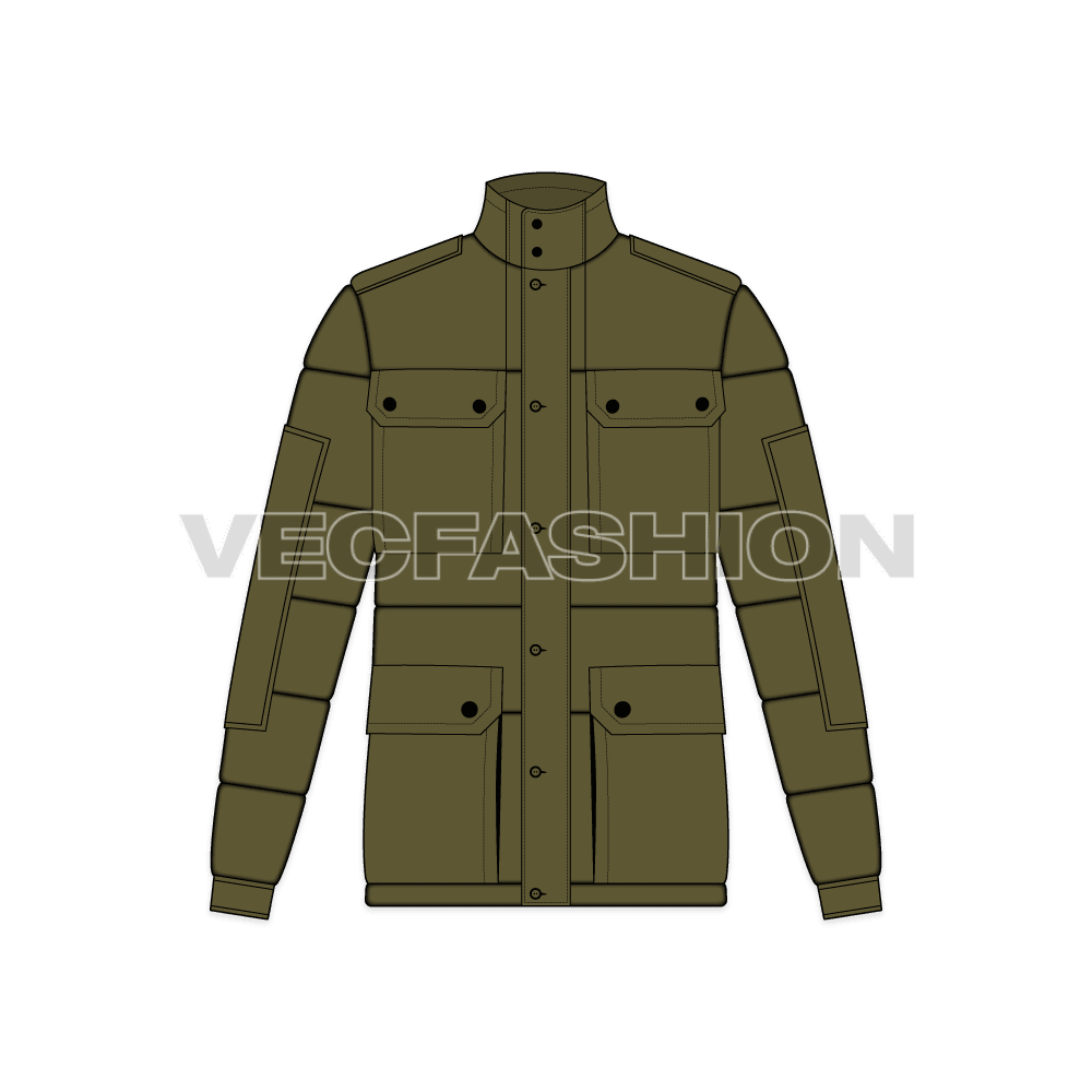Mens Travel Down Jacket flat sketch, front view