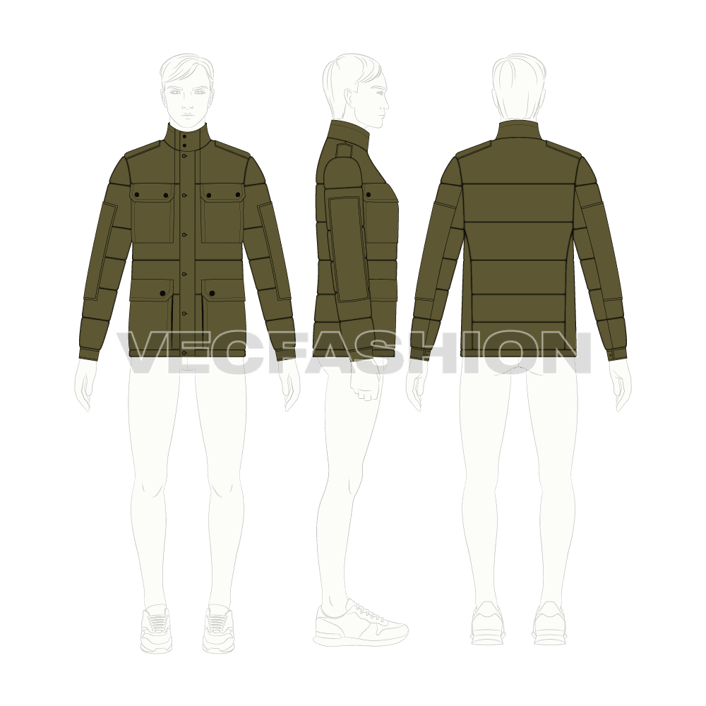 Mens Travel Down Jacket flat sketch, croqui sketch