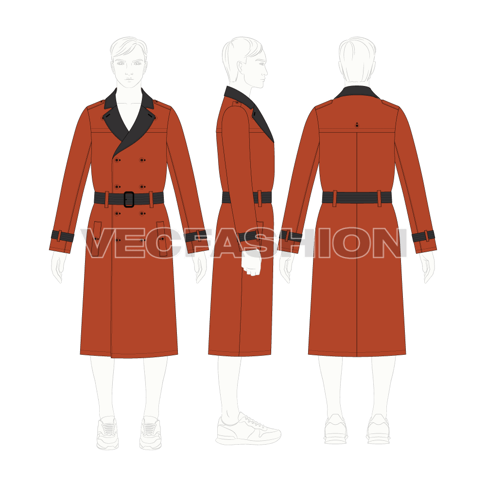 Mens Trench Coat flat sketch, croqui sketch