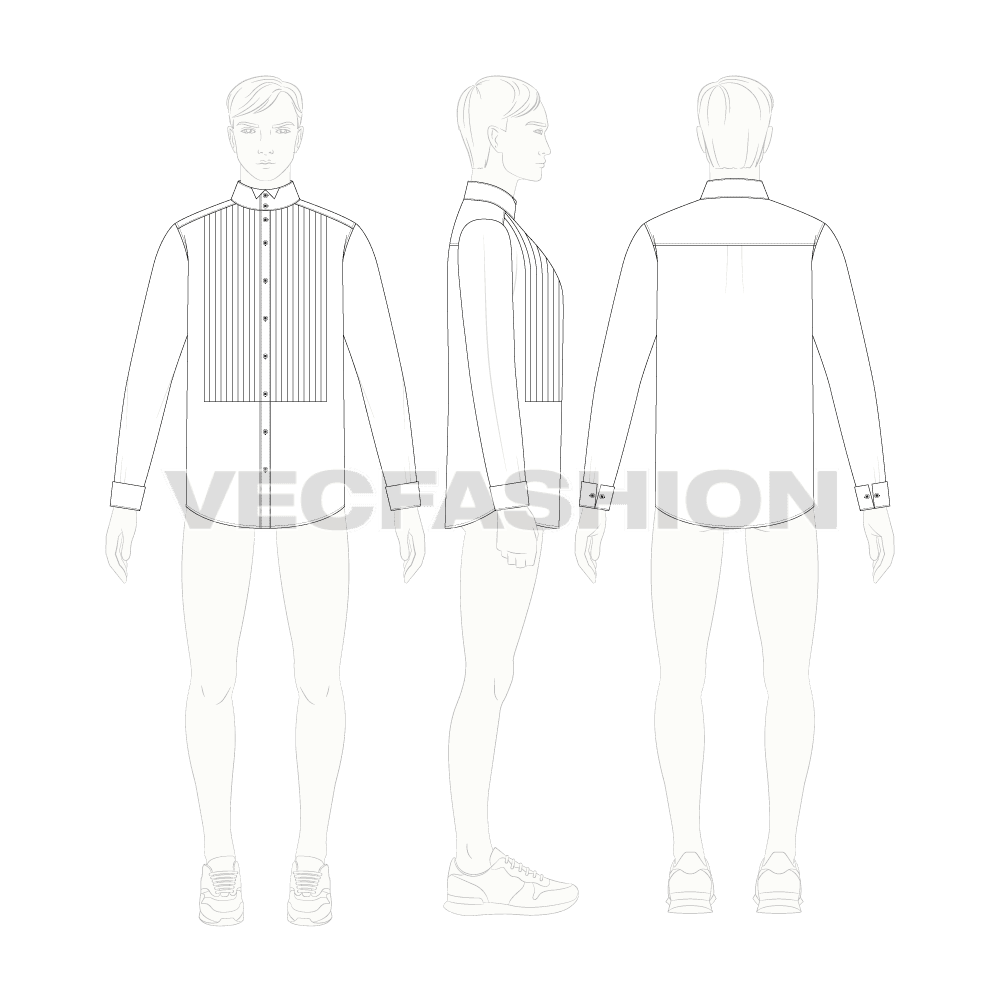 Mens tuxedo shirt flat sketch, croqui sketch