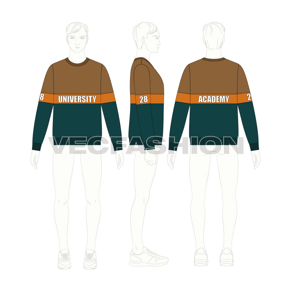 Mens university sweatshirt flat sketch, croqui sketch