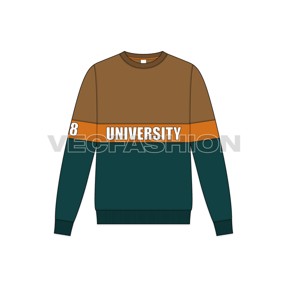 Mens university sweatshirt flat sketch, front view