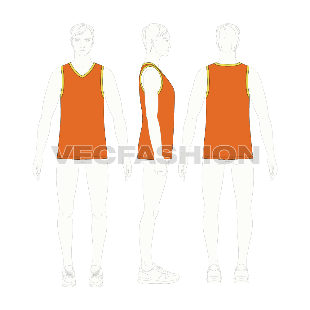 Mens v-neck gym tank flat sketch, croqui sketch