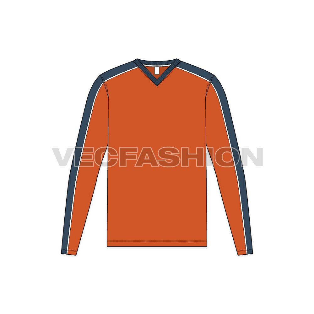 Mens v neck long sleeved shirt flat sketch, front view