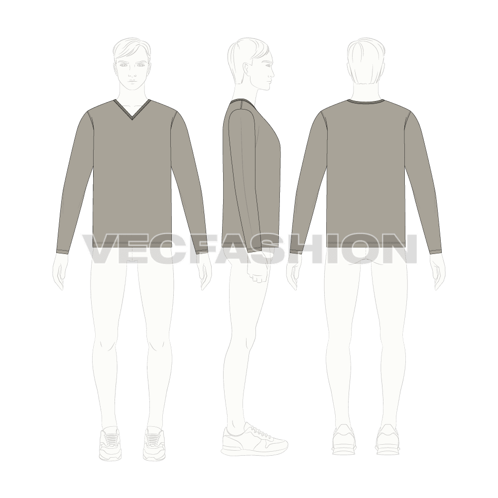 Mens v-neck shirt with binding flat sketch, croqui sketch