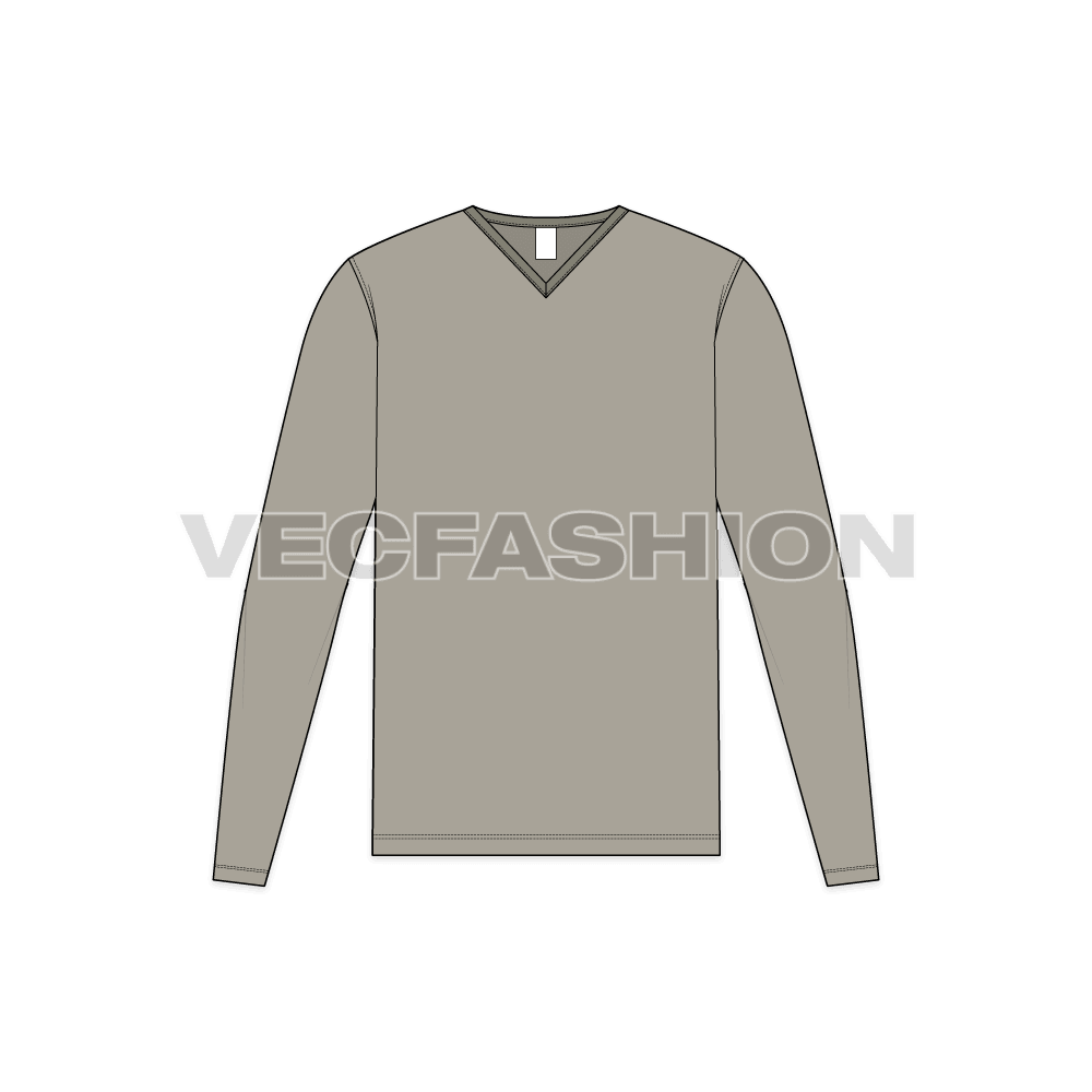 Mens v-neck shirt with binding flat sketch, front view