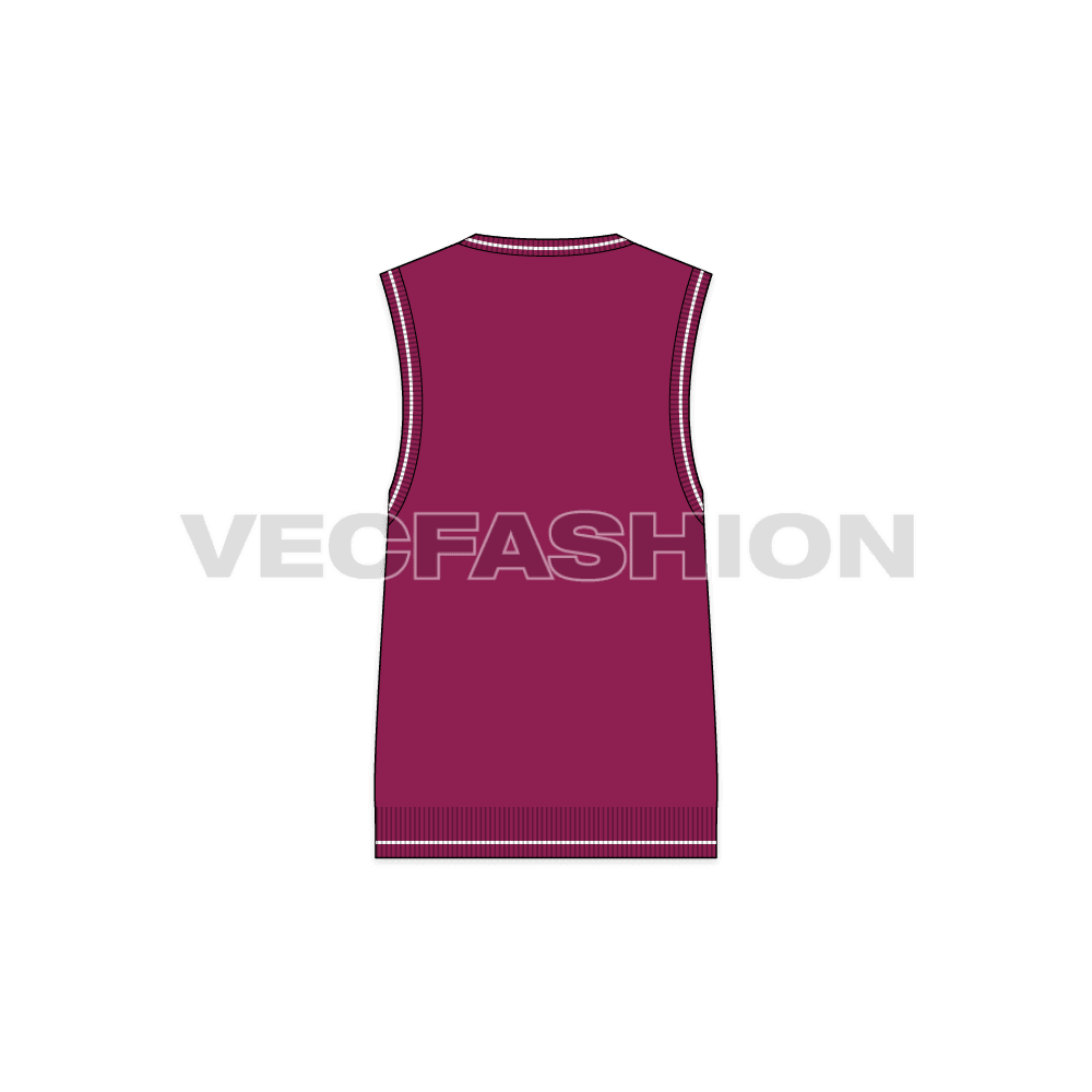 Mens v-neck sweater vest flat sketch, back view