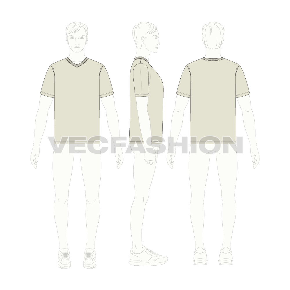 Mens v-neck t-shirt, straight cut flat sketch, croqui sketch