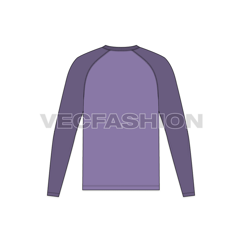 Mens v-neck tee with curved raglan sleeve flat sketch, back view