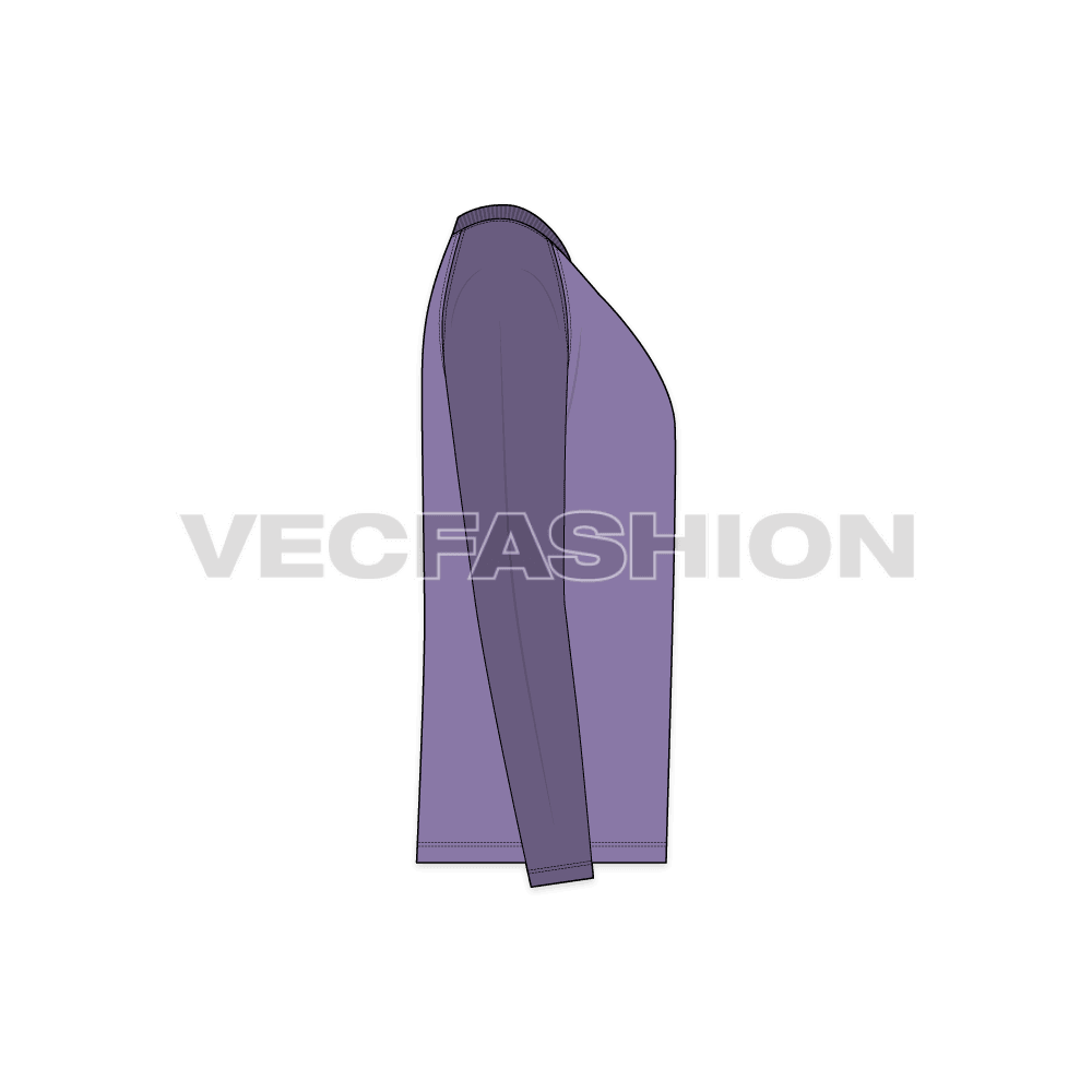 Mens v-neck tee with curved raglan sleeve flat sketch, side view