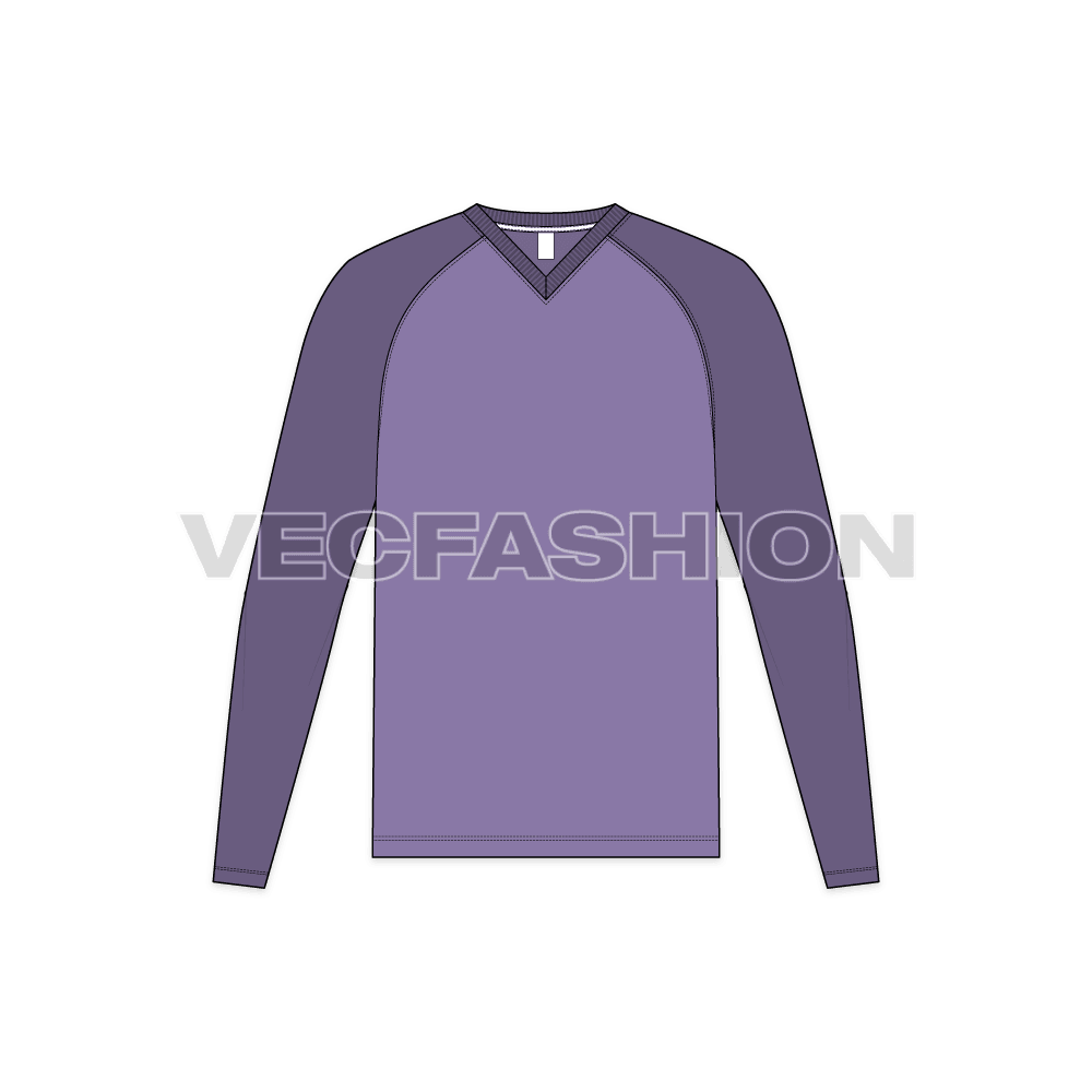 Mens v-neck tee with curved raglan sleeve flat sketch, front view