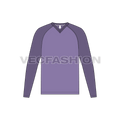 Mens v-neck tee with curved raglan sleeve flat sketch, front view