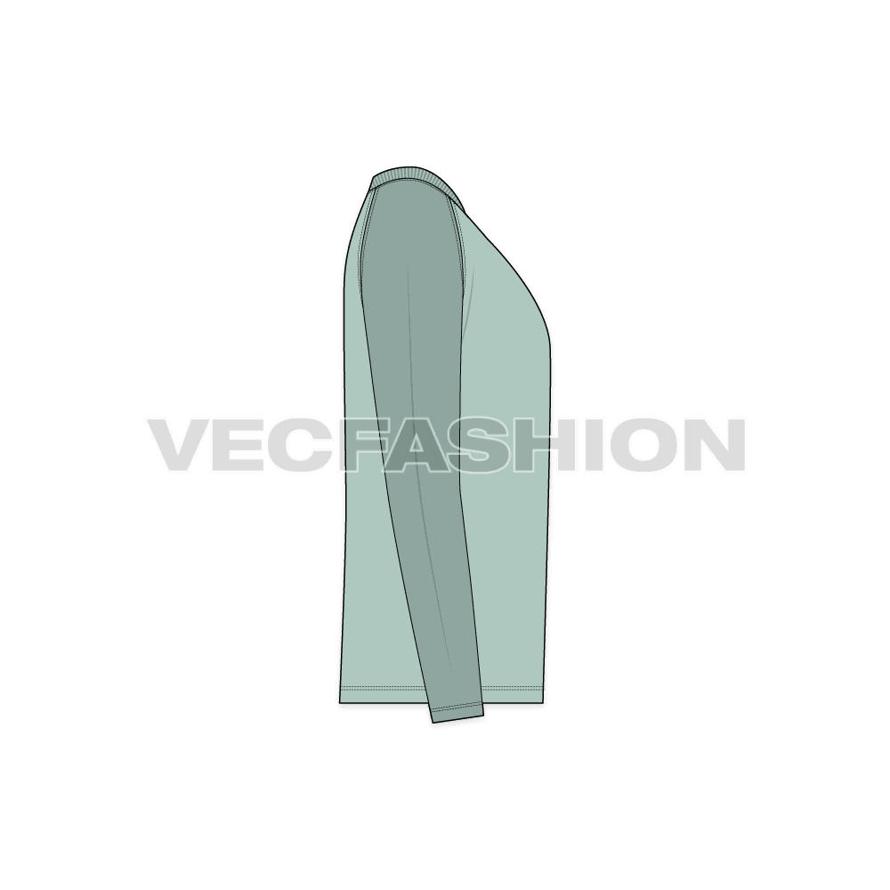 Mens v-neck tee with straight cut raglan sleeve flat sketch, side view