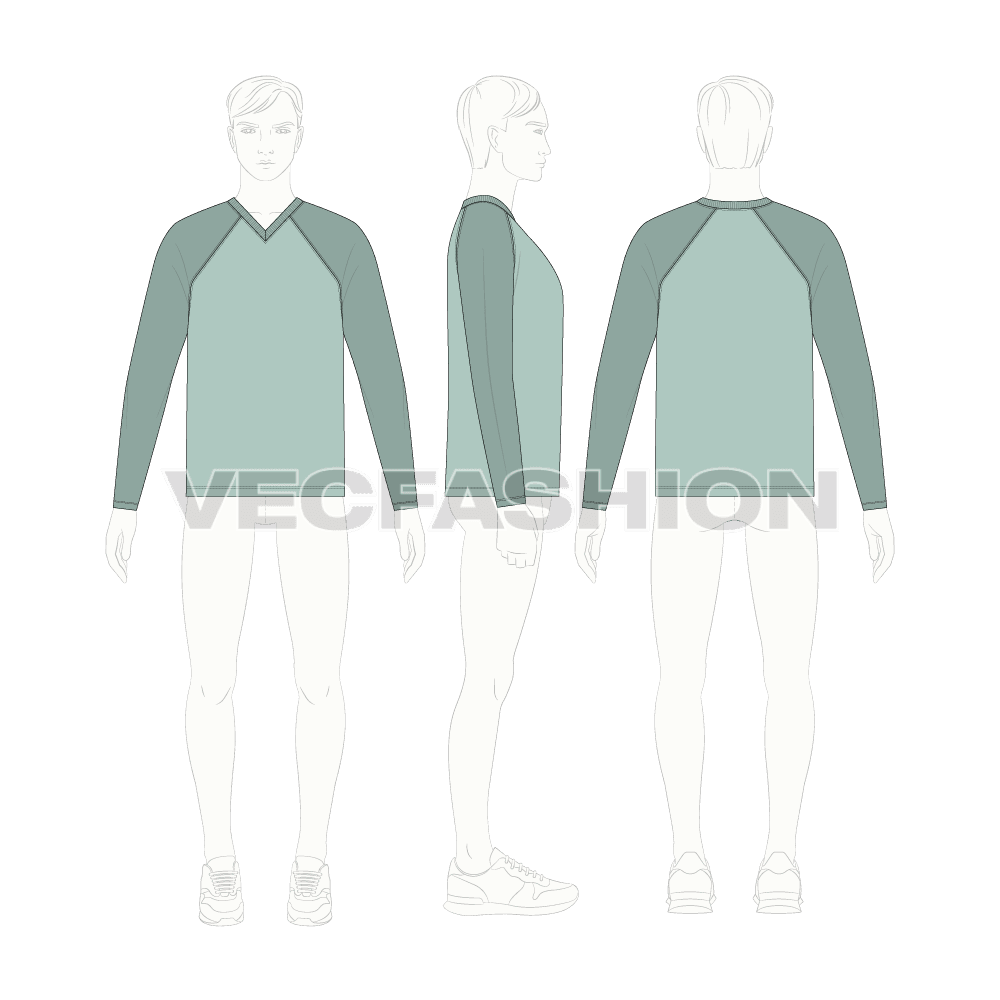 Mens v-neck tee with straight cut raglan sleeve flat sketch, croqui sketch