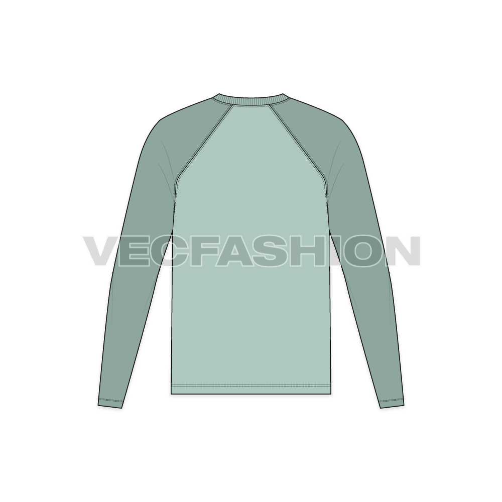 Mens v-neck tee with straight cut raglan sleeve flat sketch, back view