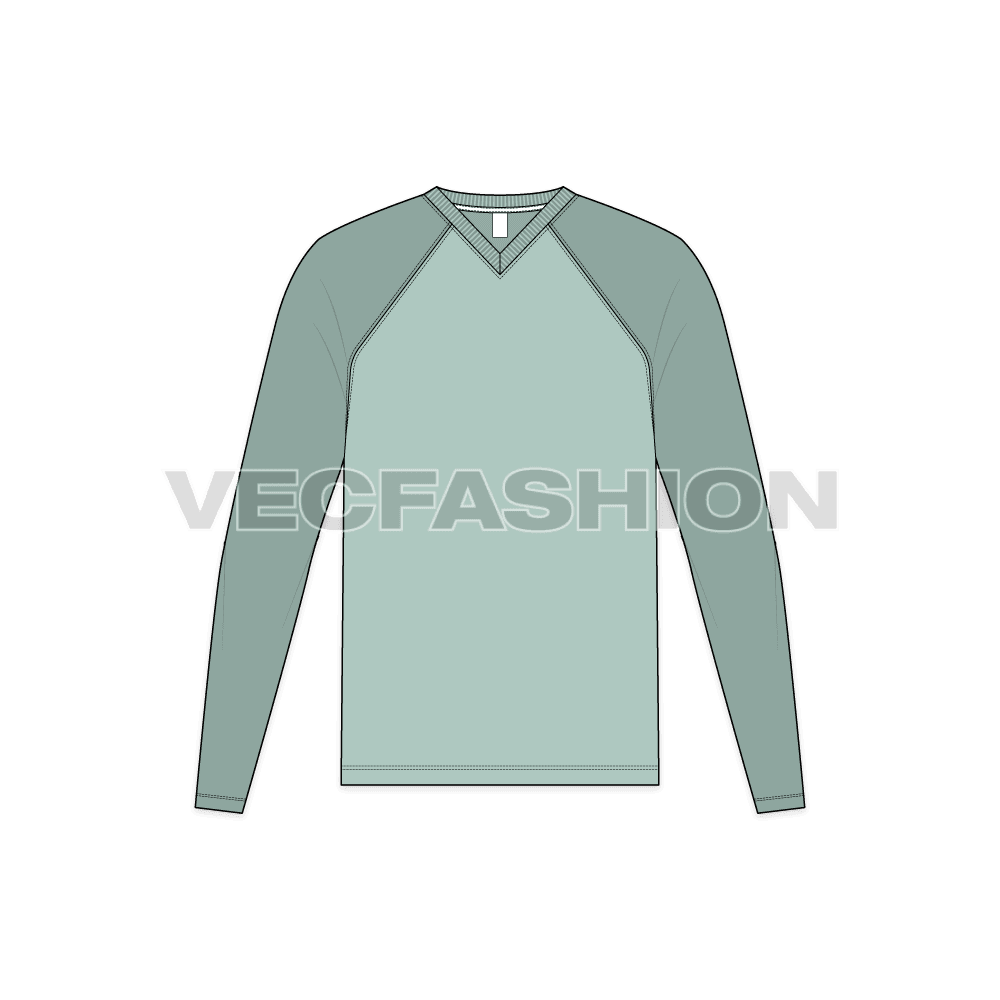 Mens v-neck tee with straight cut raglan sleeve flat sketch, front view